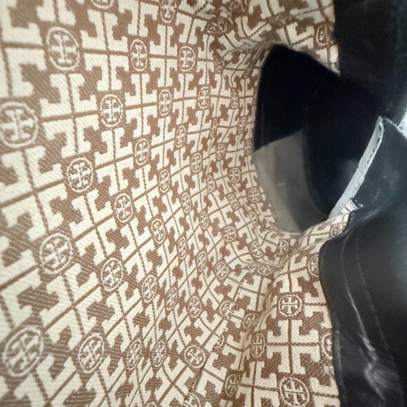 Tory Burch Black Leather & Blue Quilted Roslie Tall Riding Boots with Gold Logo - Picture 16 of 17